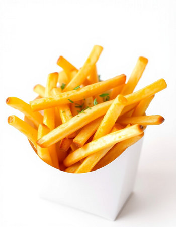 French fries in a white box on a white background. Isolated