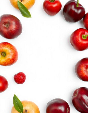 Red apples and cherries isolated on white background. Top view.の写真素材