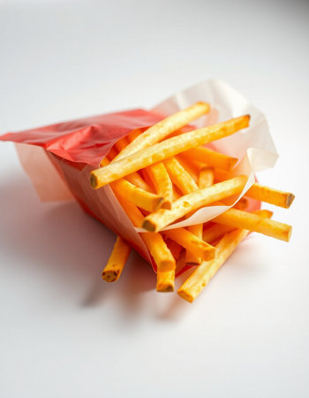 French fries in paper bag on white background. Selective focus.の写真素材