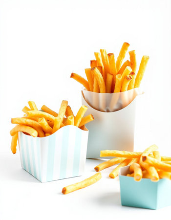 French fries in paper box isolated on white background. Selective focus.