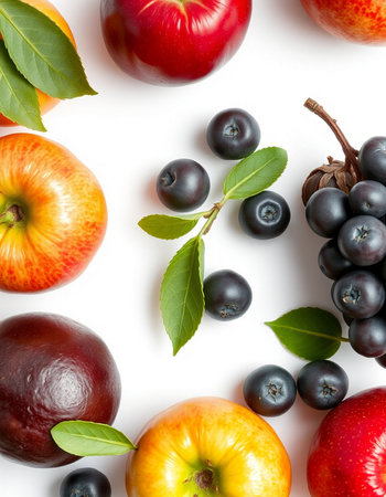 Fruits and berries isolated on white background. Flat lay, top viewの写真素材
