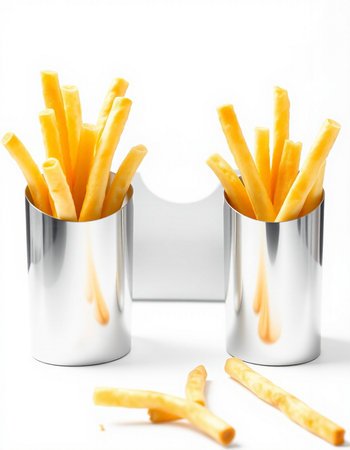 French fries in a metal cup on a white background. Close-up.
