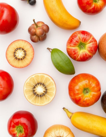 Fruits and vegetables on a white background. Top view. Flat lay.の写真素材