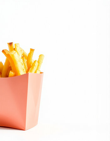 French fries in red box isolated on white background with copy space.