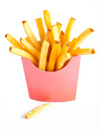 French fries in a pink box on a white background. Isolated