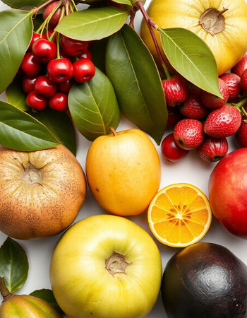 Fruits and vegetables on a white background. View from above.