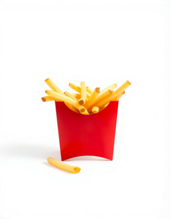 French fries in a red box on a white background. Isolated