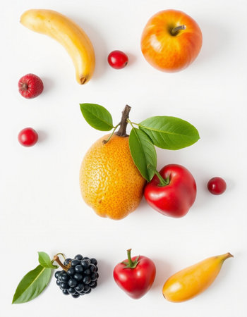 Fruits and vegetables on white background. Flat lay, top view