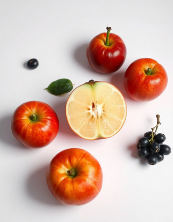 Fruits on a white background. Healthy food concept. Top view.の写真素材