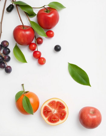 Fruits and berries on white background. Flat lay, top viewの写真素材