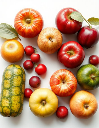 Fruits and vegetables on a white background. Top view. Flat lay.の写真素材