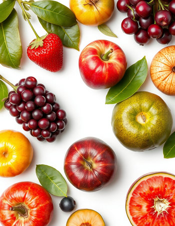 Fruits and berries isolated on white background. Flat lay, top view