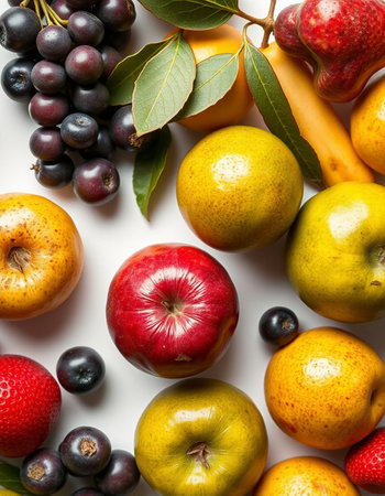 Fruits and berries on a white background. Flat lay, top view