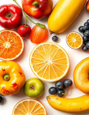 Fruits and vegetables isolated on white background. Flat lay, top view