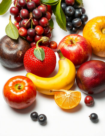 Fruits and berries on a white background. Healthy food concept.の写真素材