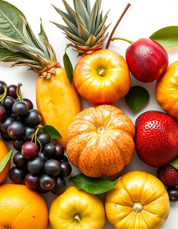 Fruits and vegetables isolated on a white background. Top view.
