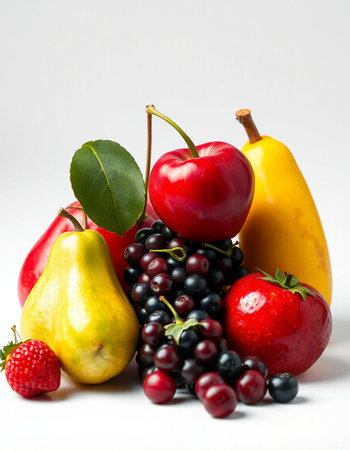 Fruits and berries isolated on a white background. Healthy food.