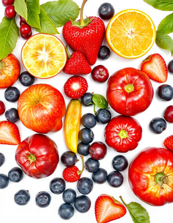 Fruits and berries on white background. Top view. Flat lay.