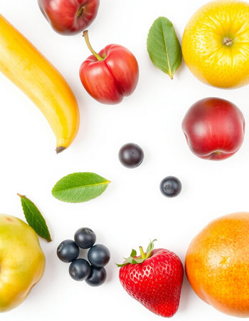 Fruits and berries isolated on white background. Flat lay, top view