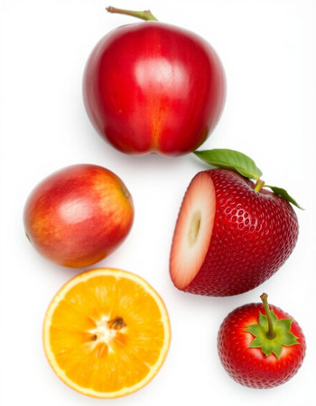 strawberries, oranges and apples isolated on a white background.の写真素材