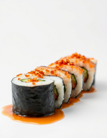 Sushi roll with salmon and cucumber on a white background.