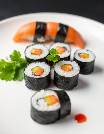 Japanese food - Sushi Roll with Salmon, Cream Cheese and Raw Salmon insideの写真素材