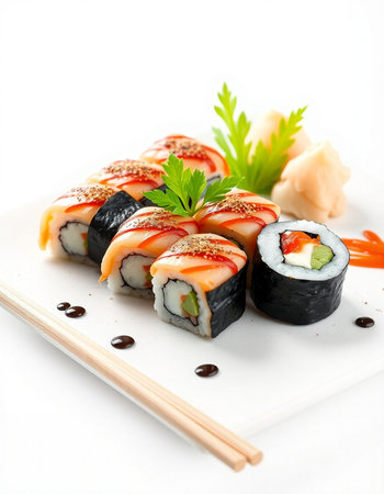 Japanese Cuisine - Sushi Roll with Shrimps, Cream Cheese and Raw Salmon inside. Nori outsideの写真素材