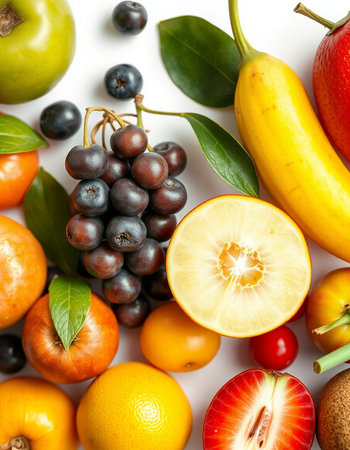 Fresh fruits isolated on white background. Healthy food concept. Top view.の写真素材