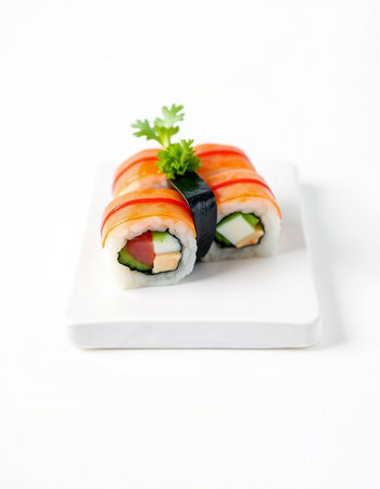 Sushi roll with salmon, avocado and cucumber on white backgroundの写真素材