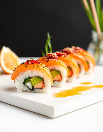 Sushi roll with salmon, avocado, cucumber and red caviarの写真素材