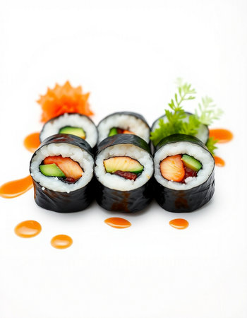 Sushi roll with salmon, cucumber and cream cheese on a white backgroundの写真素材
