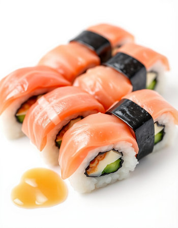 Sushi rolls with salmon, cucumber and cream cheese on a white backgroundの写真素材