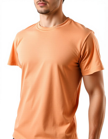 closeup of a man in an orange t-shirt on white backgroundの写真素材