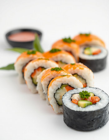 Sushi roll with salmon, avocado and cucumber on white backgroundの写真素材
