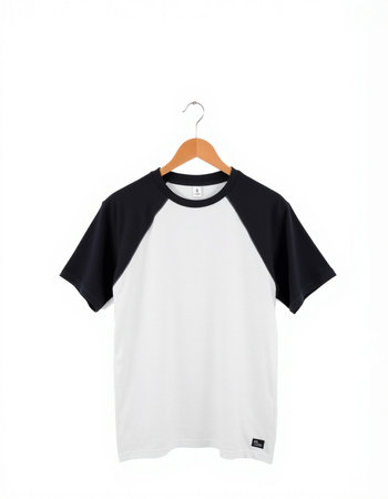 Black and white t-shirt on hanger isolated on white backgroundの写真素材