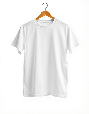 White t-shirt on a hanger on a white background.