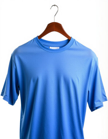 Blue t-shirt on a hanger isolated on white background.の写真素材