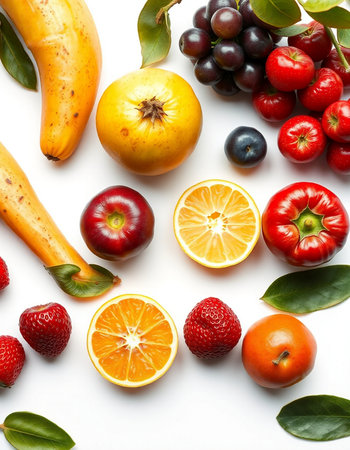Composition with fresh fruits and berries on white background, top viewの写真素材