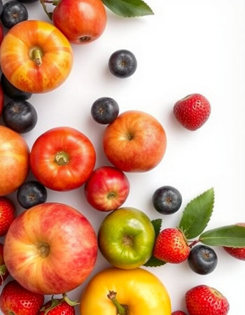 Fruits and berries on a white background. View from above.の写真素材