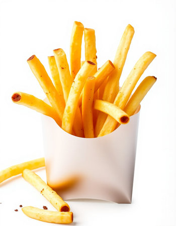 French fries in a white box on a white background. Isolated
