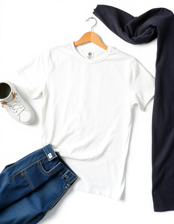 White t-shirt, jeans and sneakers isolated on white background.の写真素材