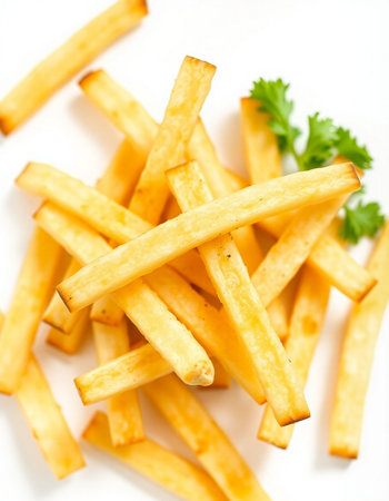 Golden French fries potatoes on a white background, close-up.の写真素材