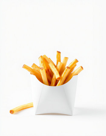 French fries in a white paper box on a white background. Isolated