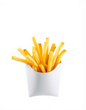 French fries in paper box isolated on white background. Fast food.