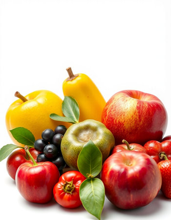 Fresh fruits and vegetables isolated on white background. Healthy food concept.