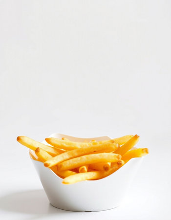 French fries in a white bowl on a white background with copy space
