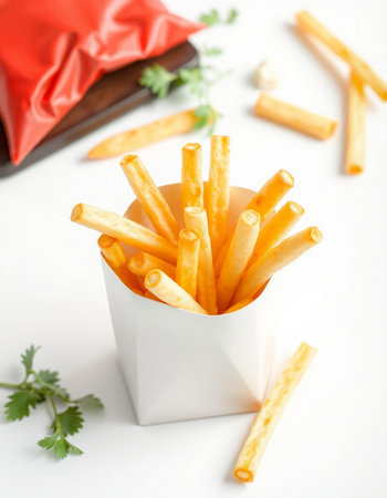 French fries in a paper box with parsley on a white background