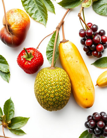 Fruits and berries on a white background. Flat lay, top viewの写真素材