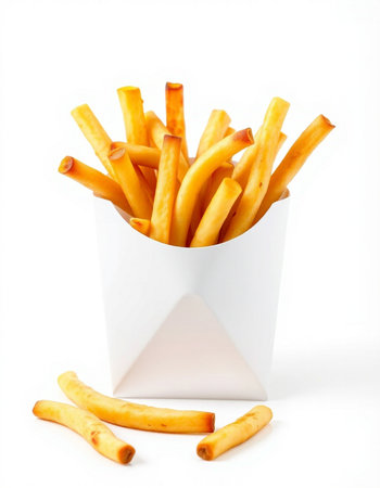 French fries in a white box on a white background. Isolatedの写真素材