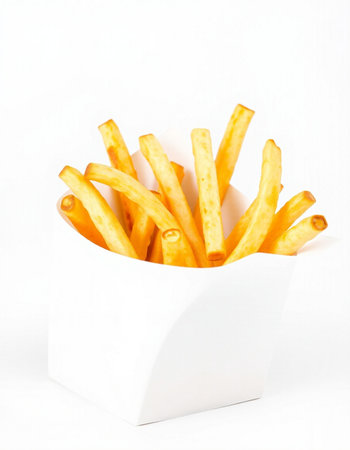 French fries in a white box on a white background. Isolated